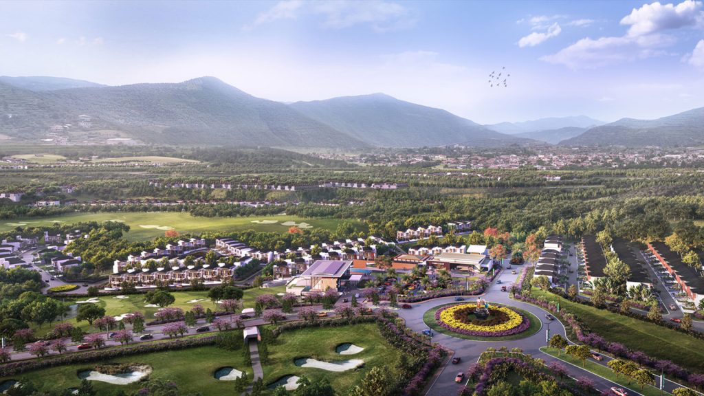 Ilustrasi kawasan Citra City Sentul dengan lapangan golf dan perbukitan